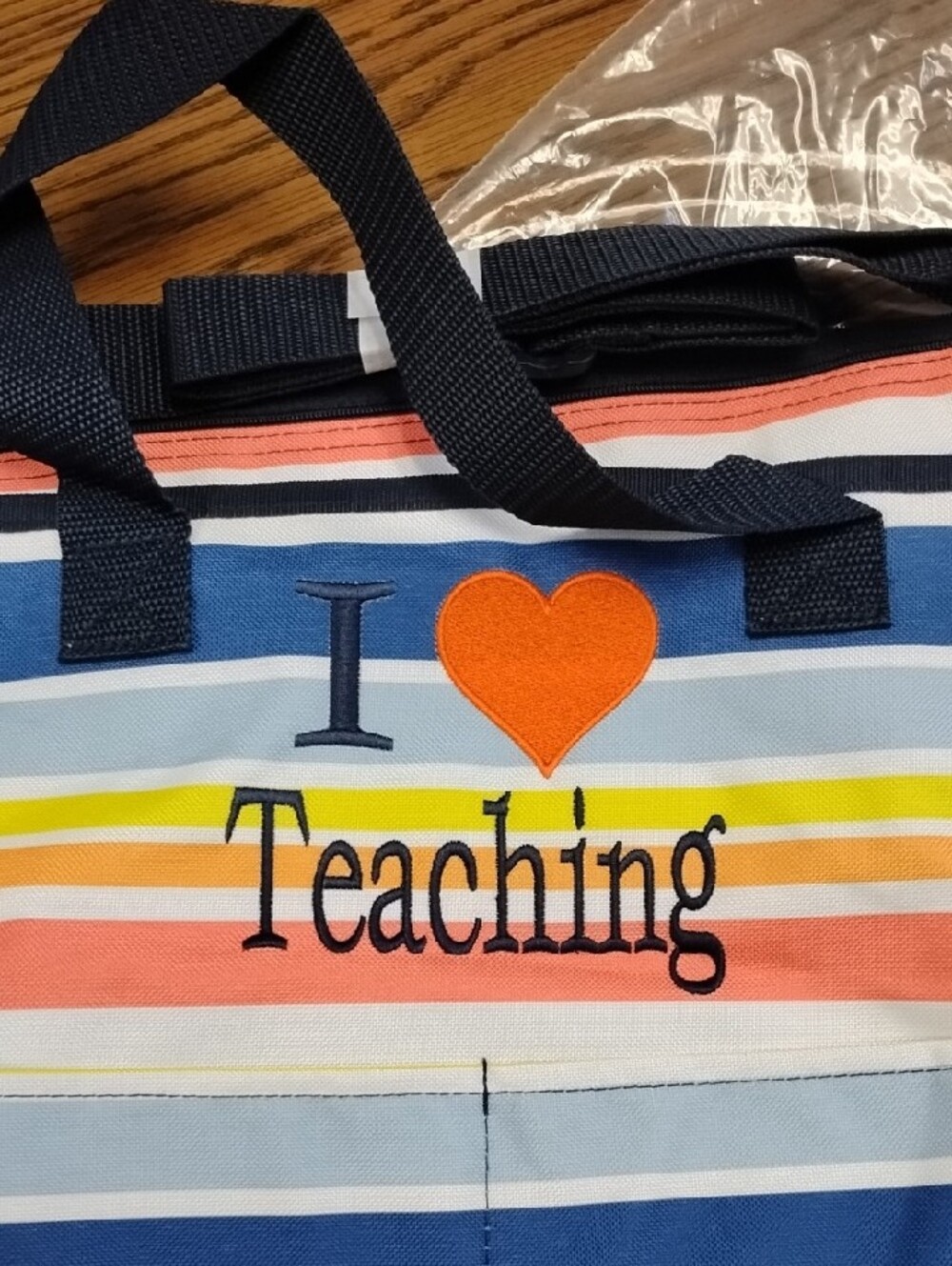 Thirty-One Vista Stripe Crossbody Tote - Navy, Coral, Light Blue, Yellow. NWT. - Picture 5 of 9